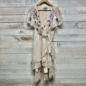 Asos Dress Womens 8 Beige Embroidered Floral Hummingbird Cape Belted Tiered New